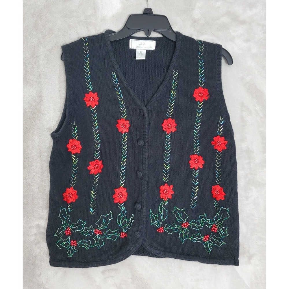 Lisa International Womens Christmas Vest M Button Up Beaded Black Poinsettia